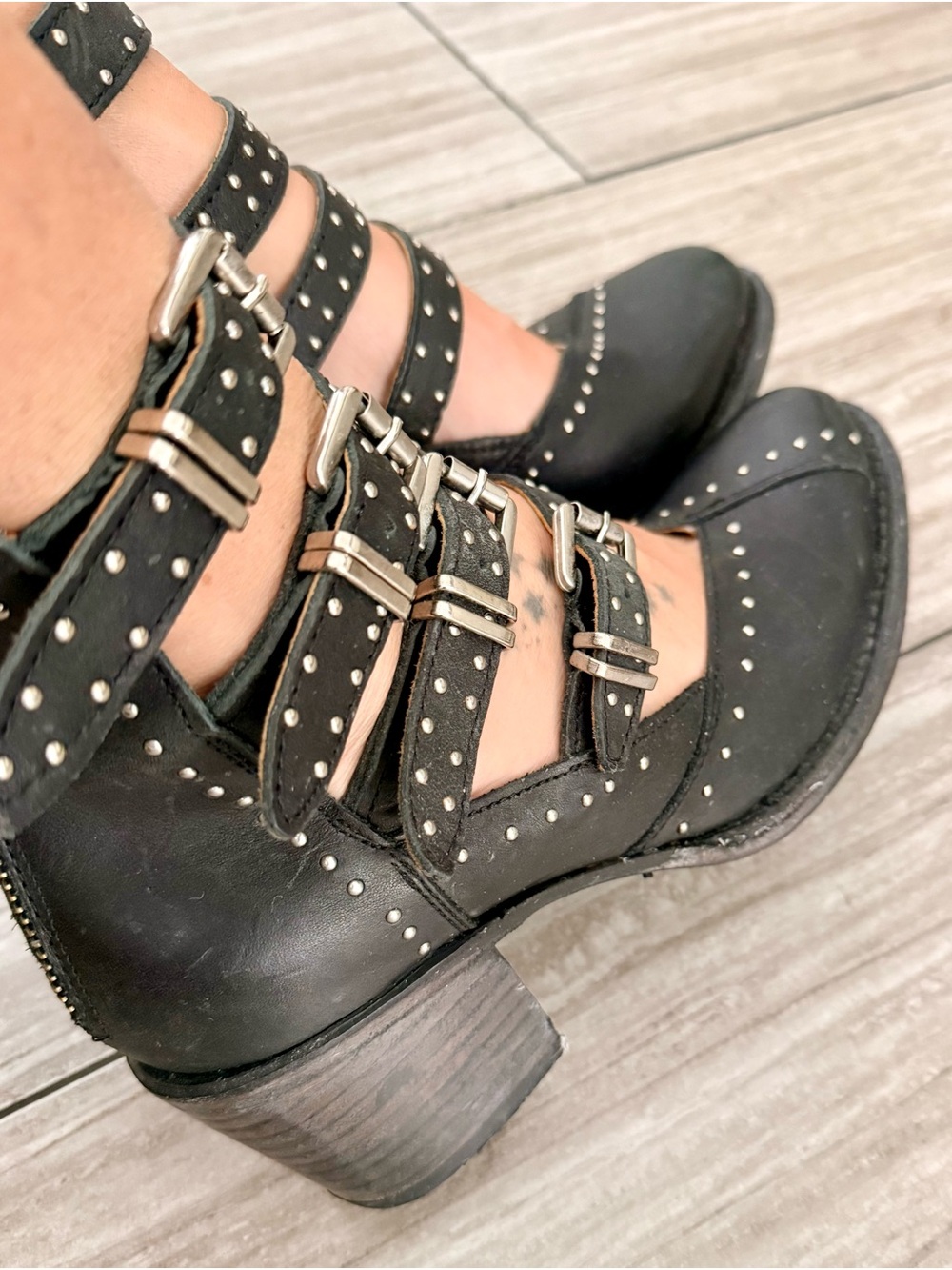 freebird Black Studded Multi-Strap Heeled Booties - Women